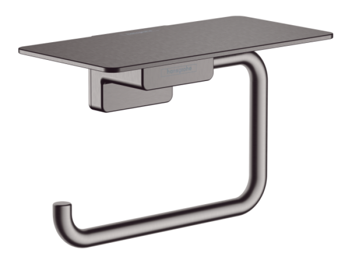 На изображении товар Бумагодержатель Hansgrohe AddStoris Q, настенный, с полкой, цвет шлифованный черный хром от официального представителя в Москве