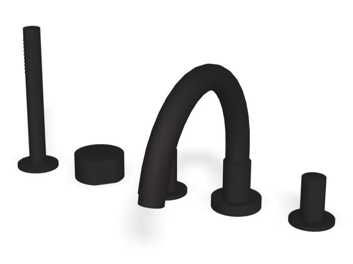 На изображении товар Смеситель для ванны Carlo Frattini SO, на борт, с изливом, вытяжным ручным душем, без ручек, цвет чёрный матовый от официального представителя в Москве