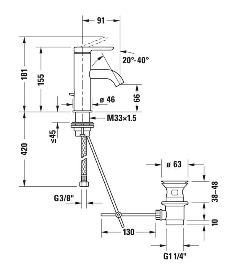 Cмеситель для раковины Duravit C.1, на 1 отверстие, h-155 мм, с донным клапаном, цвет чёрный матовый - изображение 8