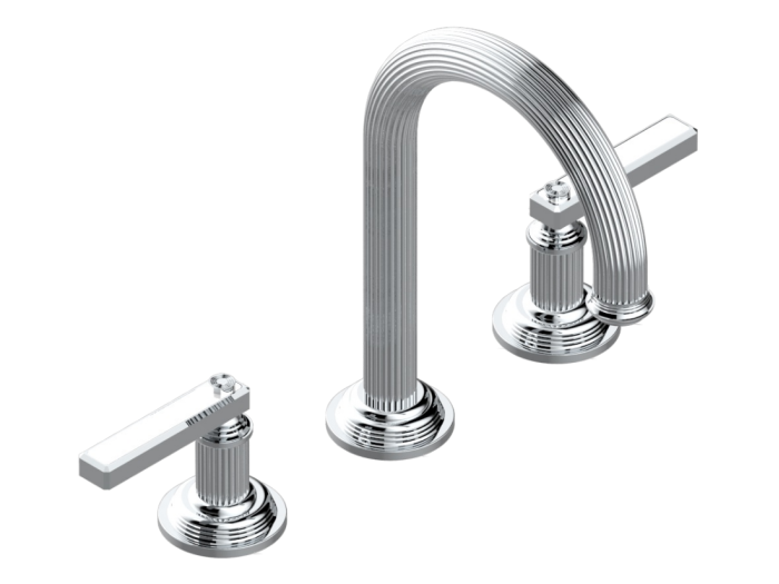 На изображении товар Смеситель THG Grand Central White Onyx with lever handles, на 3 отверстия, на борт ванны, с донным клапаном click-clack, с высоким изливом, цвет хром от официального представителя в Москве