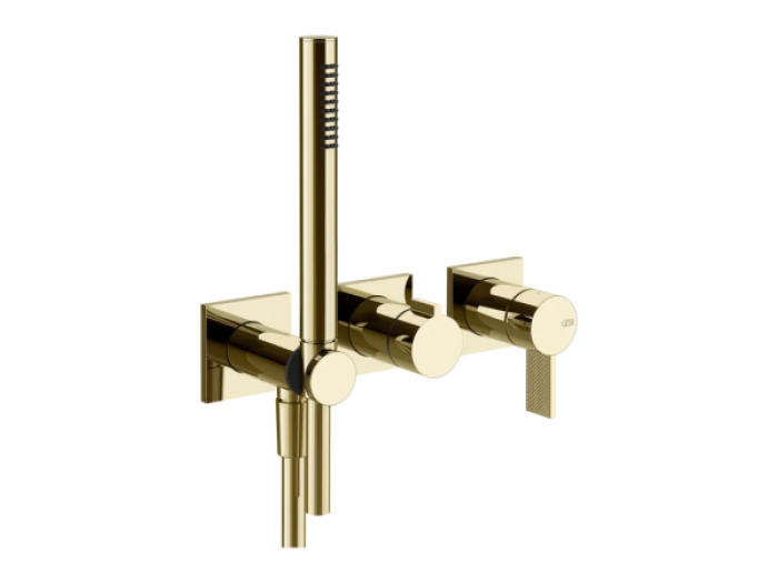 На изображении товар Cмеситель для душа Gessi Inverso, настенный, c ручным душем, на 2 выхода, внешние части, цвет Brass PVD от официального представителя в Москве