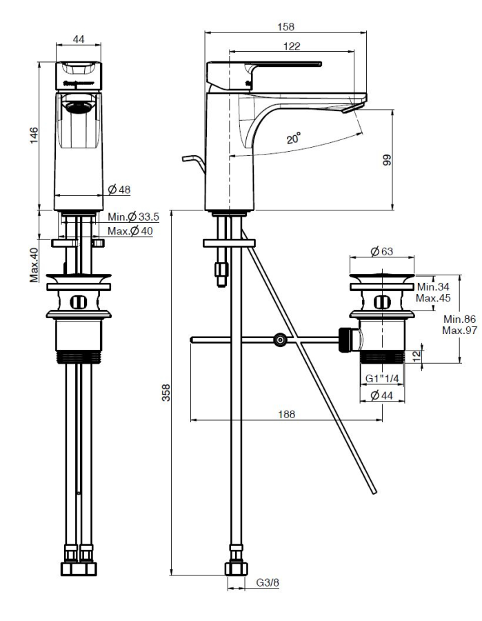 Смеситель для раковины Carlo Frattini Mast, однорычажный, с донным клапаном 1"1/4 с переливом, 2 гибкими шлангами, Н-146 мм, цвет чёрный хром брашированный - изображение 3