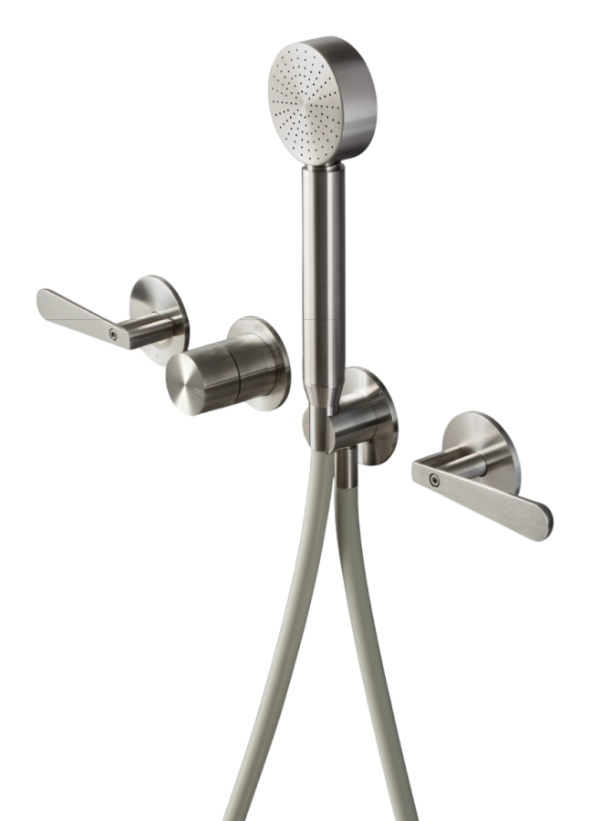 Термостат CEA Design Lutezia, настенный, на 4 отверстия, 2 запорных вентиля, ручной душ Ø 70 мм, шланг в цвете Black, внешняя часть, цвет Black Diamond сатинированный