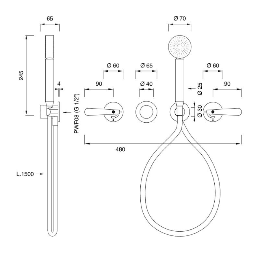 Термостат CEA Design Lutezia, настенный, на 4 отверстия, 2 запорных вентиля, ручной душ Ø 70 мм, шланг в цвете Black, внешняя часть, цвет Black Diamond сатинированный - изображение 3