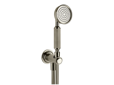 На изображении товар Ручной душ Gessi Venti20, с шланговым подсоединением, держателем, шлангом, цвет Nickel PVD от официального представителя в Москве