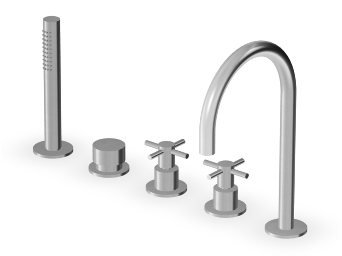 На изображении товар Смеситель на борт ванны Zucchetti Helm, на 5 отверстий, с фиксированным изливом, с вытяжным ручным душем со шлангом, цвет матовая нержавеющая сталь от официального представителя в Москве