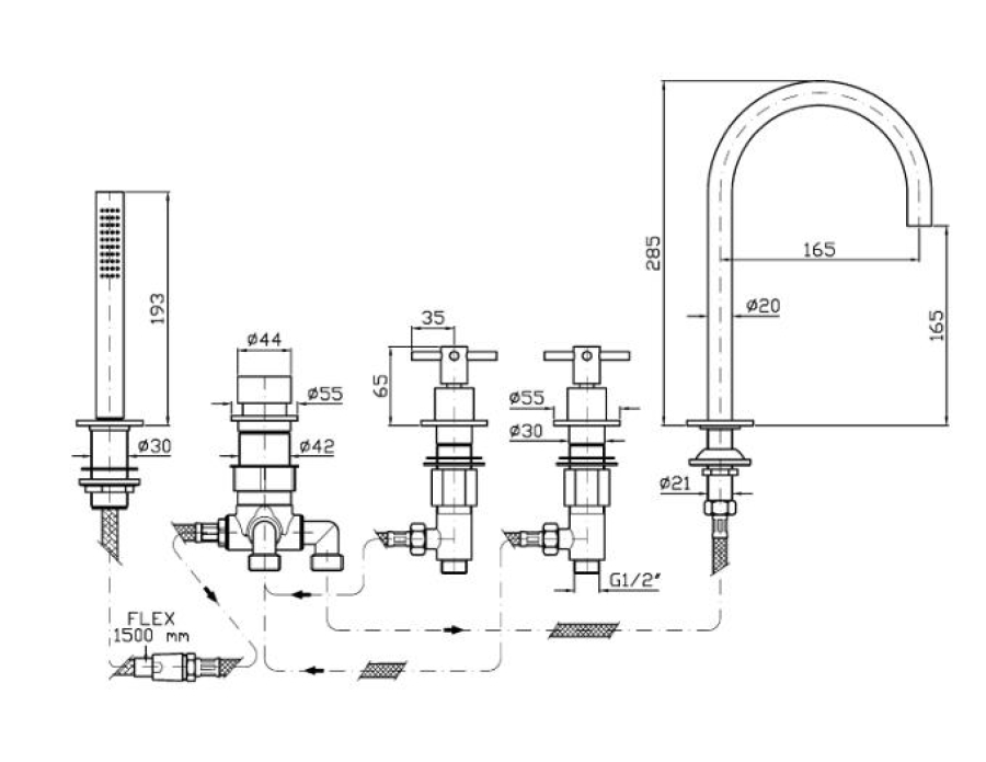 Смеситель на борт ванны Zucchetti Helm, на 5 отверстий, с фиксированным изливом, с вытяжным ручным душем со шлангом, цвет матовая нержавеющая сталь - изображение 2
