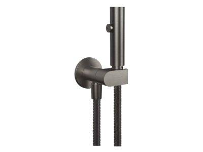 На изображении товар Гигиенический душ Gessi Tondo, с лейкой, шлангом, шланговым подсоединением и держателем лейки, с предохранительным клапаном, ширина 75 мм, цвет Black Metal Brushed PVD от официального представителя в Москве