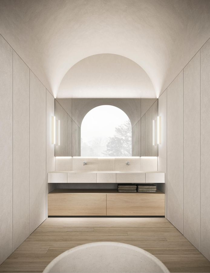 Комплект мебели для ванной комнаты Milldue Noorth Azuco 24.01, отделки: Rovere Mezza Fiamma, мрамор Bianco Siberia