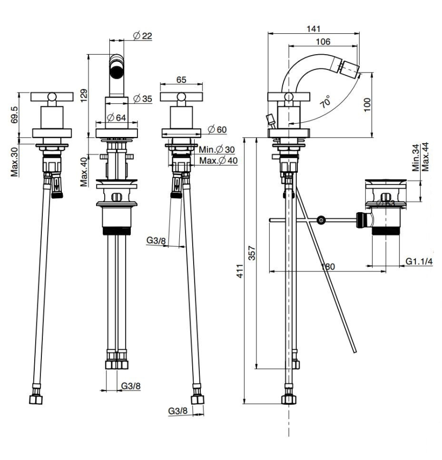 Смеситель для биде Carlo Frattini Maxima, XS, с вращающимся изливом, донным клапаном 1"1/4 с переливом, 2 гибкими шлангами, цвет чёрный хром - изображение 1