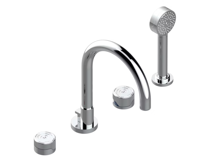 На изображении товар Смеситель для ванны THG Zoom.5, на 4 отверстия, высокий излив, с ручным душем, цвет Polished chrome от официального представителя в Москве