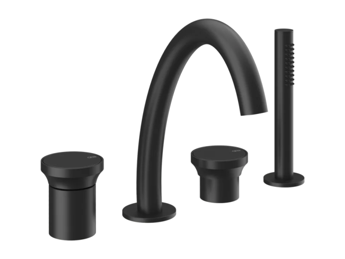 На изображении товар Смеситель для ванны Gessi Origini, на 4 отверстия, с переключателем, изливом, гибким шлангом и душевой лейкой, цвет Matte Black от официального представителя в Москве