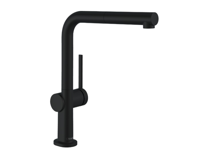 На изображении товар Смеситель для кухни Hansgrohe Talis M54 , ComfortZone 270, однорычажный, 1 тип струи, выдвижной излив, цвет Черный матовый от официального представителя в Москве