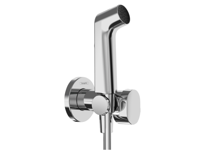На изображении товар Гигиенический душ Hansgrohe Bidette S EcoSmart+, комплект со смесителем (внешняя часть), с шлангом 1250 мм. и держателем, цвет хром от официального представителя в Москве