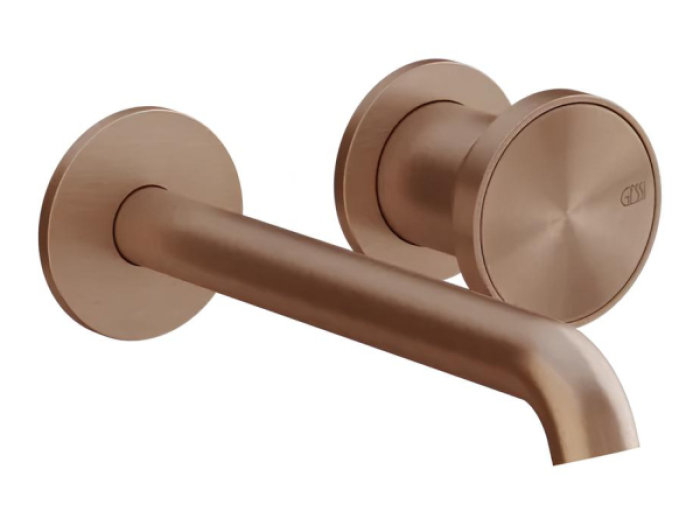 На изображении товар Смеситель для раковины Gessi Origini, настенный, со средним изливом, без донного клапана, цвет Copper Brushed PVD от официального представителя в Москве