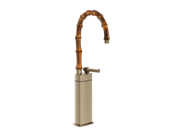 На изображении товар Смеситель для раковины Gessi Jacqueline высокий, с низким поворотным изливом, металлическим вентилем, без донного клапана Finox Brushed Nickel от официального представителя в Москве