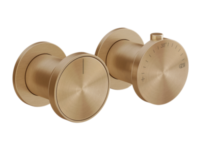 На изображении товар Термостат Gessi Origini, встраиваемый, дивертор на 3 позиции, в комплекте отделочная вставка, внешняя часть, цвет Warm Bronze Br. PVD от официального представителя в Москве