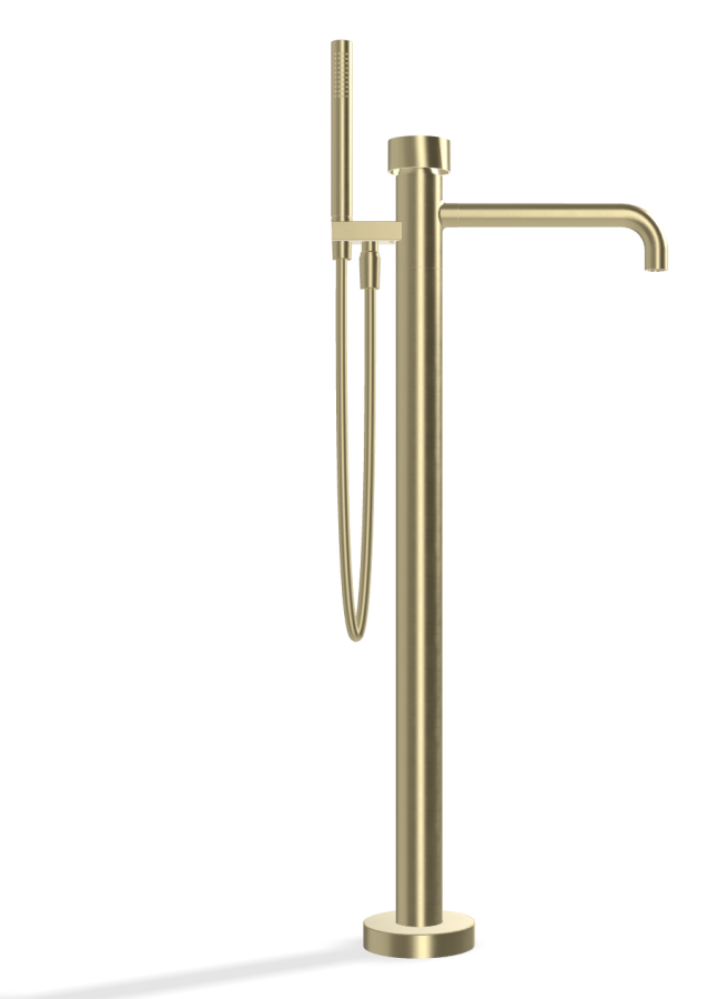 Смеситель для ванны Carlo Frattini SO, напольный, с гибким шлангом хромалюкс 1500 мм, переключателем, ручным душем, без ручек, внешняя часть, цвет брашированная шампань - изображение 2