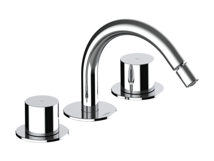 На изображении товар Cмеситель для раковины Bossini Teo, на 3 отверстия, соединительные шланги 1/2"Fx3/8"F, шланг для подключению к изливу 3/8"F-M10x1M, “T” соединение на 3/8"M"T", цвет хром от официального представителя в Москве