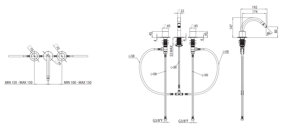 Cмеситель для раковины Bossini Teo, на 3 отверстия, соединительные шланги 1/2"Fx3/8"F, шланг для подключению к изливу 3/8"F-M10x1M, “T” соединение на 3/8"M"T", цвет хром - изображение 1