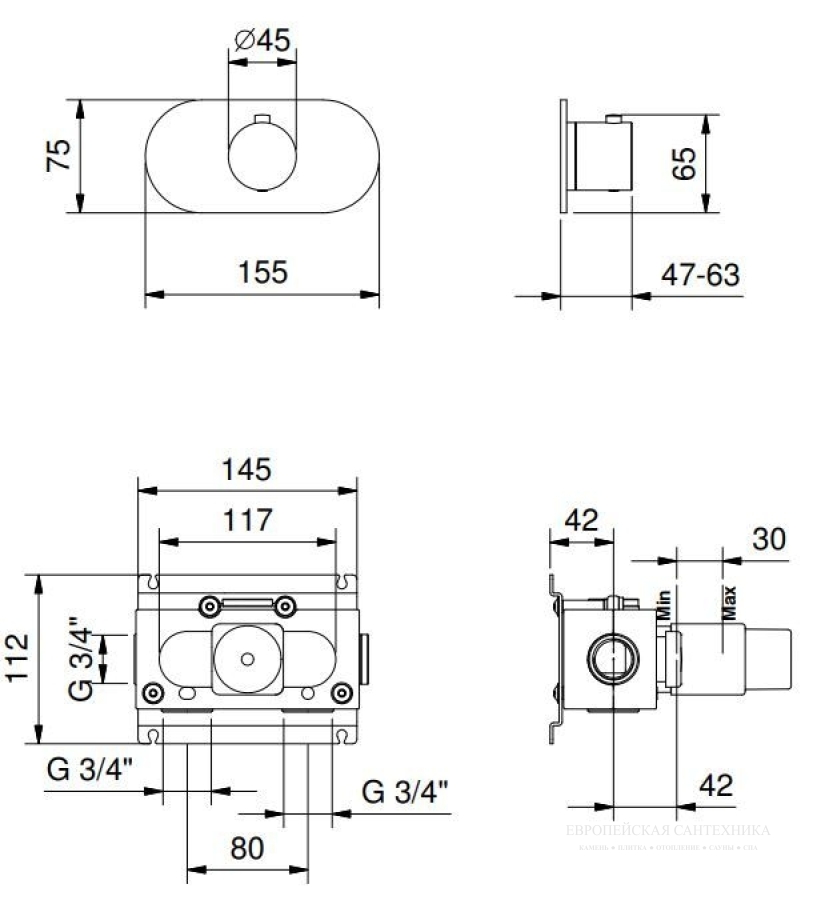 Термостат для душа Fantini Mare, ручка, впуски 3/4'', без запорного вентиля G591B+D391A, внешняя часть, цвет белый матовый - изображение 1