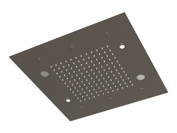 На изображении товар Верхний душ Carlo Frattini Harmonia, потолочный, с защитой от известкового налёта, с LED подсветкой для хромотерапии, пультом, аудио/bluetooth, 500x500 мм, цвет брашированный чёрный хром от официального представителя в Москве