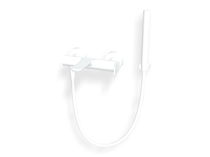 На изображении товар Смеситель для ванны Carlo Frattini Flo, с изливом, переключателем, ручным душем с настенным держателем, шлангом хромалюкс 1500 мм, цвет белый матовый от официального представителя в Москве