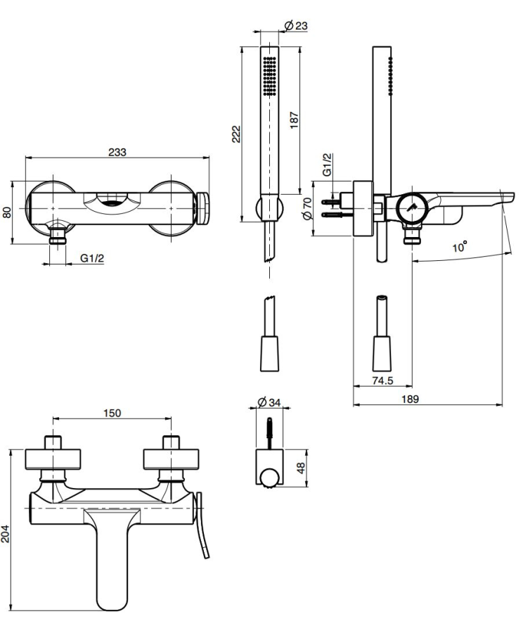 Смеситель для ванны Carlo Frattini Flo, с изливом, переключателем, ручным душем с настенным держателем, шлангом хромалюкс 1500 мм, цвет белый матовый - изображение 3