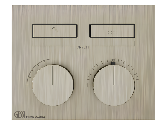 На изображении товар Термостат Gessi HI-FI, до 2 функций одновременно, с кнопками вкл/выкл, внешняя часть, цвет Finox Brushed Nickel от официального представителя в Москве