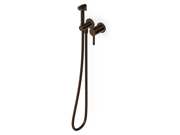 На изображении товар Душ гигиенический Zucchetti Pan S, настенный, на 2 отверстия, со смесителем, лейка с клапаном и шлангом, внешняя часть, цвет Brushed Chocolate от официального представителя в Москве