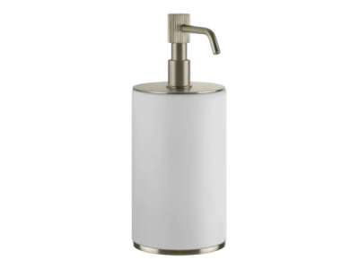 На изображении товар Дозатор для жидкого мыла Gessi Venti20, настольный, с белой колбой, объём 300 мл, цвет Finox Brushed Nickel от официального представителя в Москве