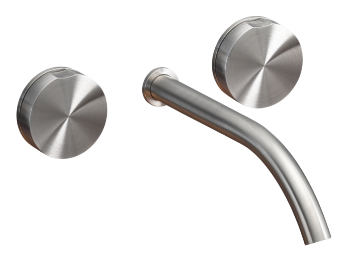 На изображении товар Смеситель для раковины CeaDesign Giotto, настенный, на 3 отверстия, излив L. 220 мм, внешняя часть, сталь, цвет сатинированное светлое золото от официального представителя в Москве