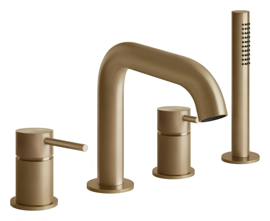 Смеситель для ванны Gessi316, на борт ванны, с выдвижным ручным душем, на 4 отверстия, цвет Warm Bronze Brushed PVD