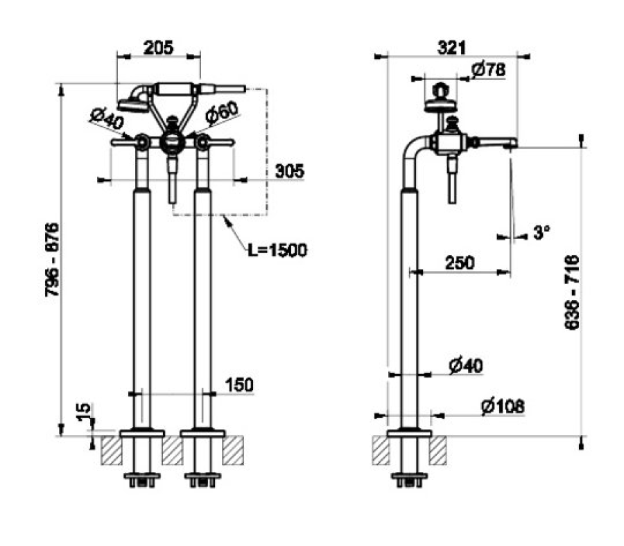 Смеситель для ванны Gessi Venti20, напольный, с душевой лейкой, внешние части, цвет Brass PVD - изображение 4