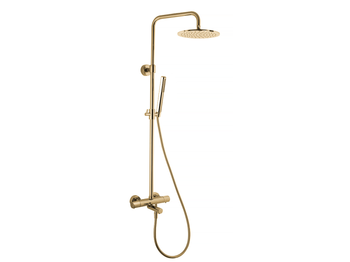 На изображении товар Душевая система Carlo Frattini: смеситель термостатический, стойка с  верхним душем и душевым комплектом, цвет золото брашированное от официального представителя в Москве