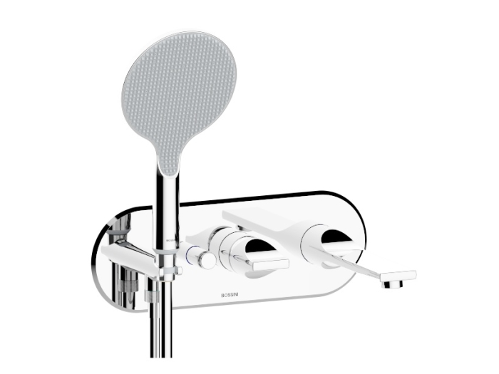 На изображении товар Смеситель для ванны Bossini Apice, кнопочный переключатель на 2 выхода, белый матовый от официального представителя в Москве