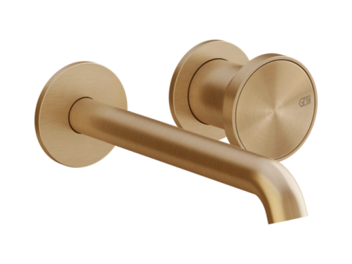 На изображении товар Смеситель для раковины Gessi Origini, настенный, со средним изливом, без донного клапана, цвет Warm Bronze Br. PVD от официального представителя в Москве