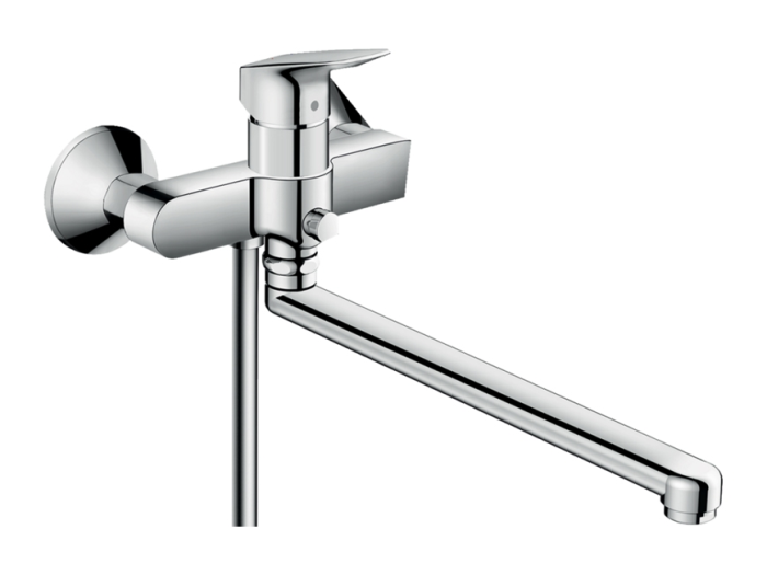 На изображении товар Смеситель для ванны Hansgrohe Logis, однорычажный, с длинным изливом L-300 мм., настенный, цвет Хром от официального представителя в Москве