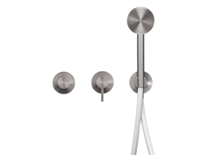 На изображении товар Термостат CeaDesign Innovo, настенный, на 3 отверстия, ручной душ Ø 65 мм, шланг в цвете Silk Grey, внешняя часть, цвет сатинированная сталь от официального представителя в Москве