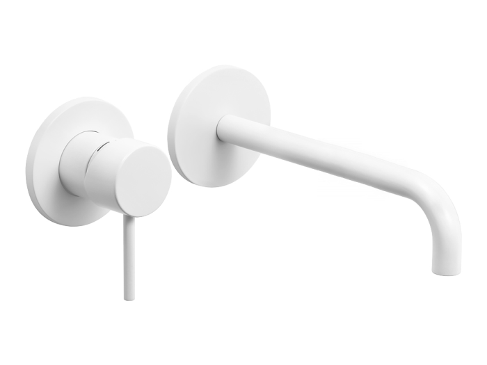 На изображении товар Смеситель для раковины Carlo Frattini Spillo Up, настенный, излив 200 мм, донный клапан Click-Clack, внешняя часть, цвет белый матовый от официального представителя в Москве