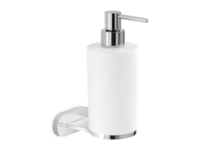 На изображении товар Дозатор Newform для мыла, колба белая керамика, помпа и настенный держатель, цвет хром от официального представителя в Москве