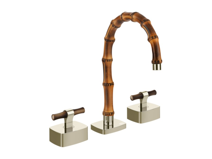 На изображении товар Смеситель для раковины Gessi Jacqueline на 3 отверстия, с низким изливом, с Т-образным вентилем под дерево Nickel PVD от официального представителя в Москве