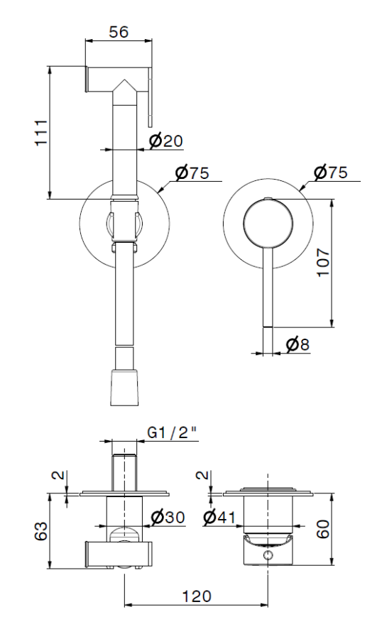 Гигиенический душ Newform, смеситель, лейка с клапаном, шланг, шланговое подсоединение с держателем, без арт.27852, внешняя часть, цвет Matt white - изображение 1