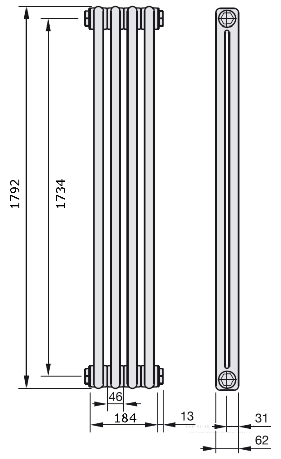 Радиатор отопления Zehnder Charleston 2-трубчатый 2180-04 секций 1792x210x62 , боковое подключение 1270, прозрачный лак TL 0325 - изображение 2