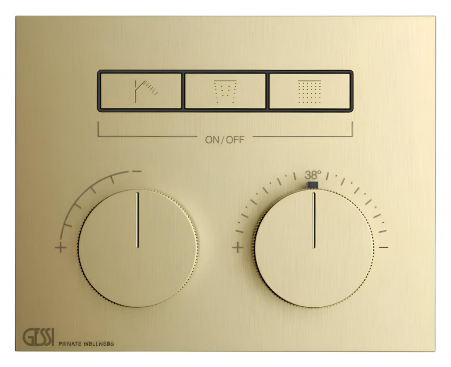 Термостат Gessi HI-FI, с кнопками вкл/выкл, до 3 функций одновременно, внешняя часть, ширина 200 мм, цвет Brushed Brass PVD