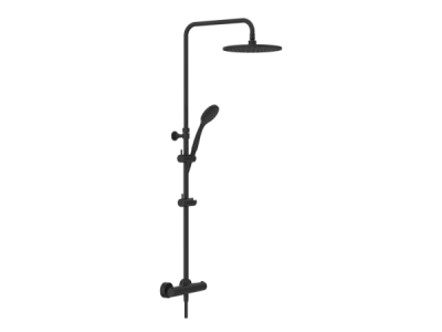 На изображении товар Душевая система Gessi Minimalistic Shower, настенный термостат, стойка с верхним душем Ø250 мм, автоматический переключатель, шланг, ручная лейка, цвет Matte Black от официального представителя в Москве