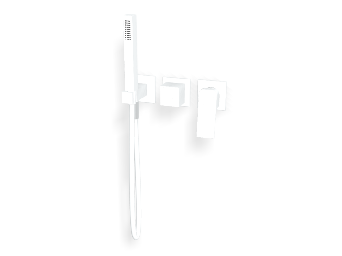 На изображении товар Смеситель Carlo Frattini Fit, на 2 потребителя, с ручным душем, держателем, гибким шлангом хромалюкс 1500 мм, внешняя часть, цвет белый матовый от официального представителя в Москве