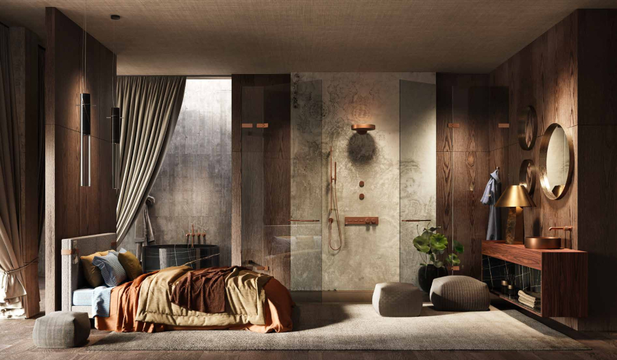 Душевой гарнитур Gessi Habito, штанга h900 мм, ручной душ, держатель, настенное шланговое подсоединение, цвет Copper Brushed PVD - изображение 3