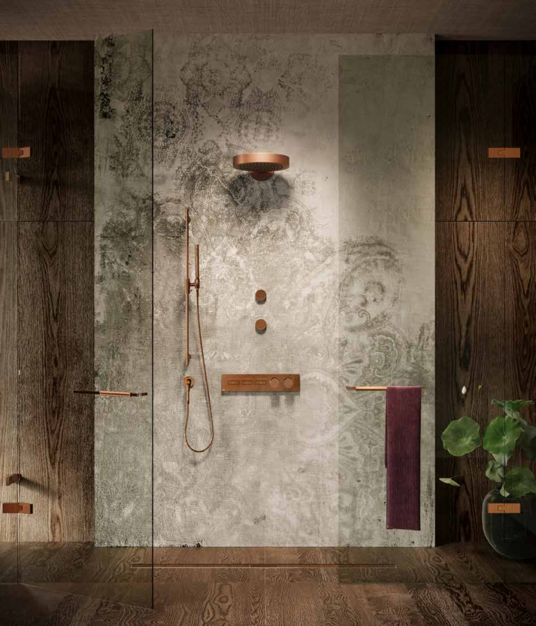 Душевой гарнитур Gessi Habito, штанга h900 мм, ручной душ, держатель, настенное шланговое подсоединение, цвет Copper Brushed PVD - изображение 2