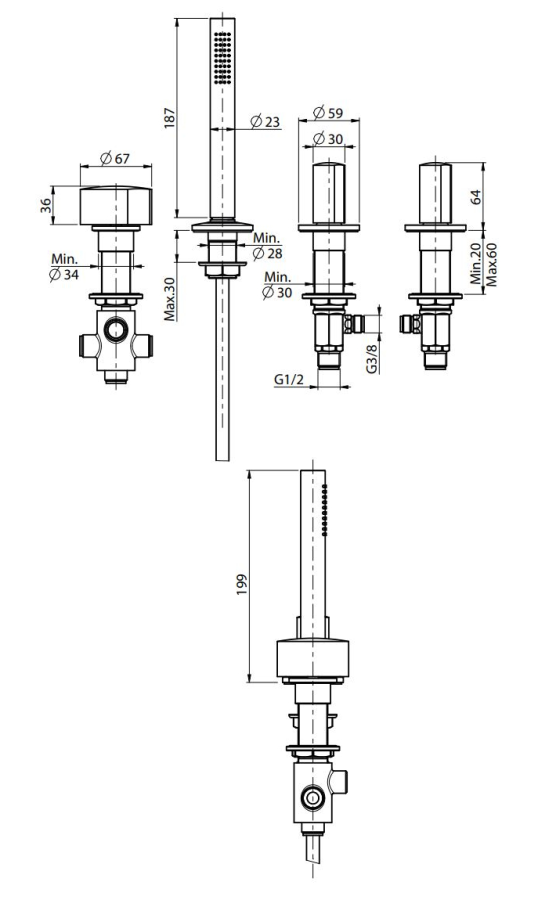 Смеситель для ванны Carlo Frattini SO, на борт, с вытяжным ручным душем, без излива, без ручек, цвет белый матовый - изображение 3